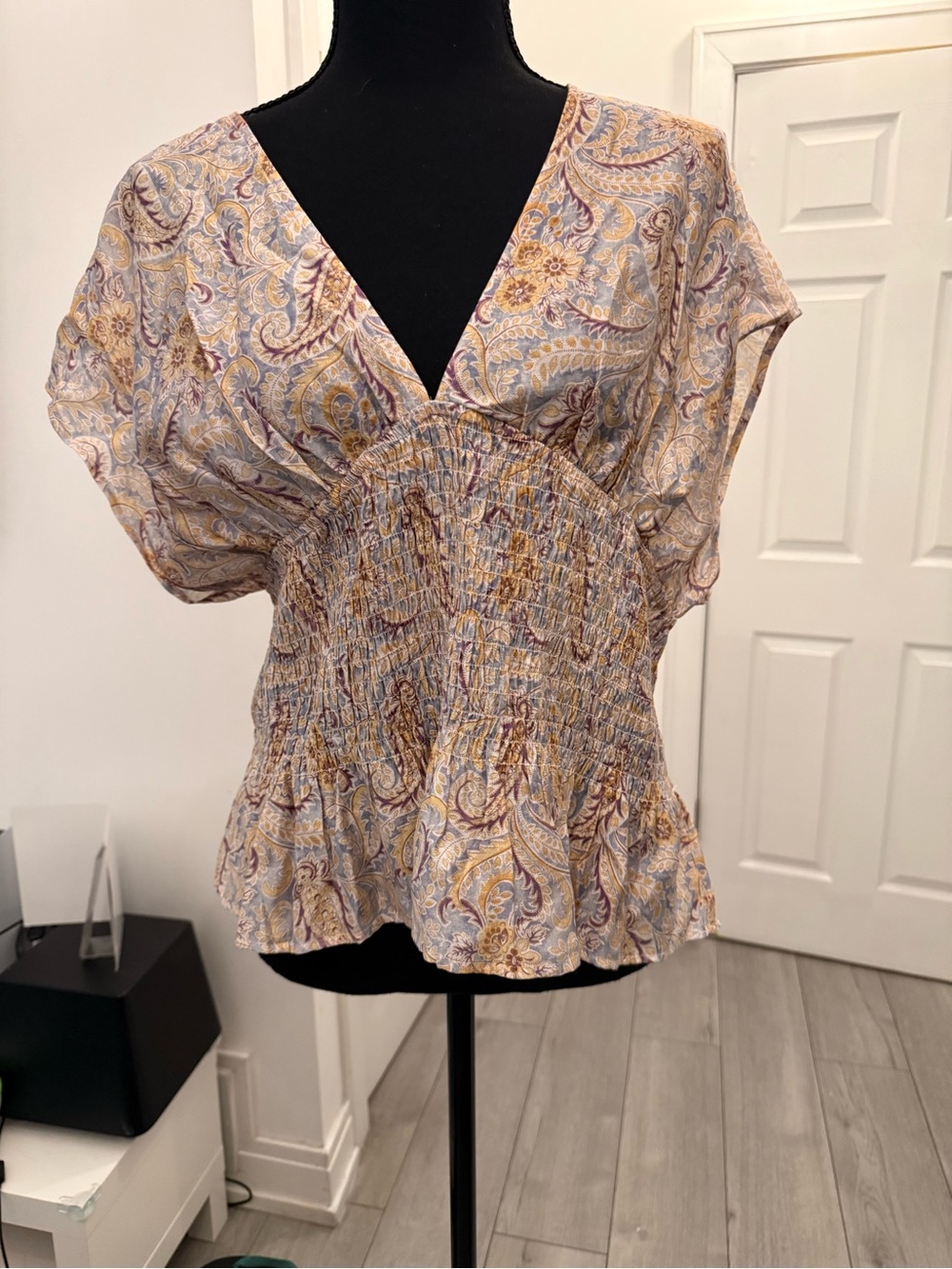 H&M Lavender Paisley Smocked Peplum Blouse
